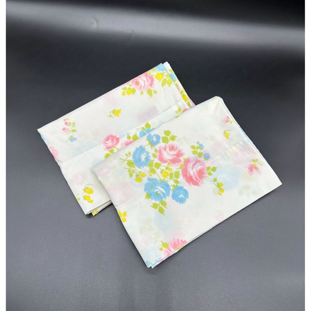 Vintage Pillowcases Floral 1970s Pink Blue Flowers Set of 2 Sears USA Retro Bedd